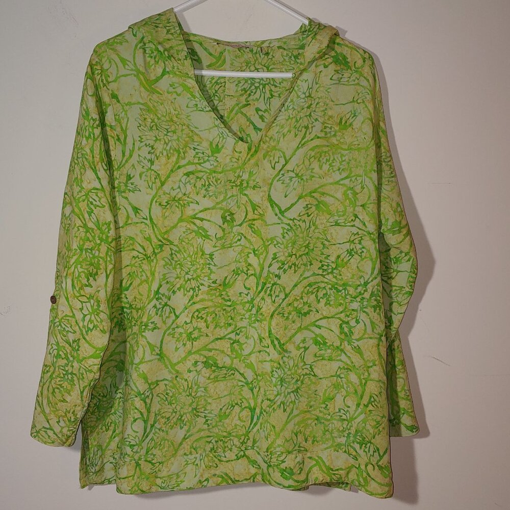 Soft Surroundings Oversized Tropical Floral Hooded Tunic Size PM Lime Green
